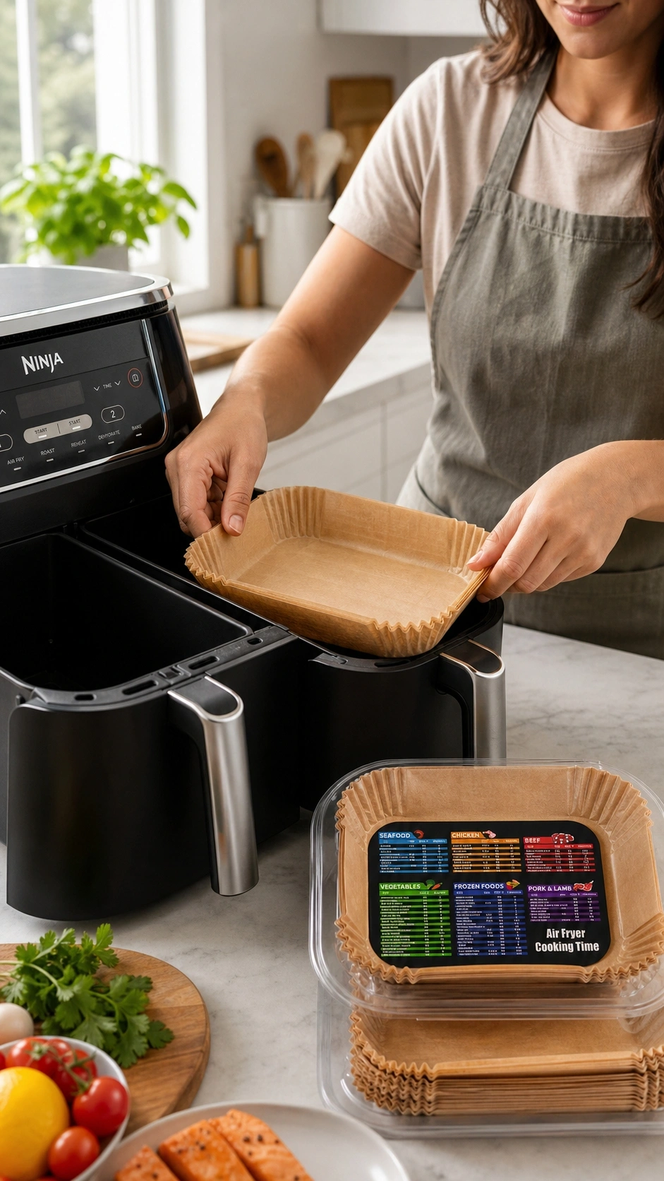Split-screen photo showing a greasy, unlined air fryer basket next to a completely clean basket that used the Ulikit liner after cooking chicken wings.