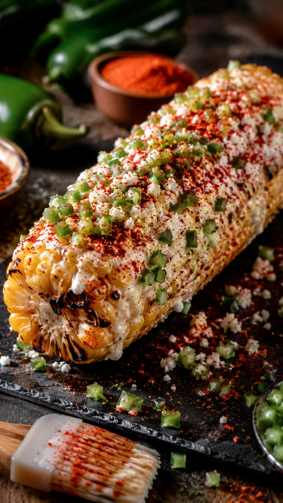 Ultra-spicy Mexican street corn, charred with white crema, minced jalapeños, crumbled cheese, and red cayenne pepper.