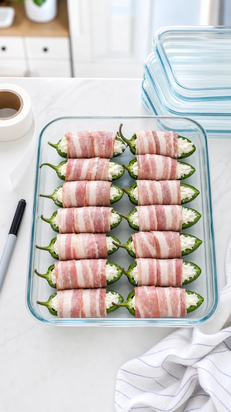 Uncooked bacon wrapped jalapeno poppers arranged in a glass food storage container for meal prep and freezing.