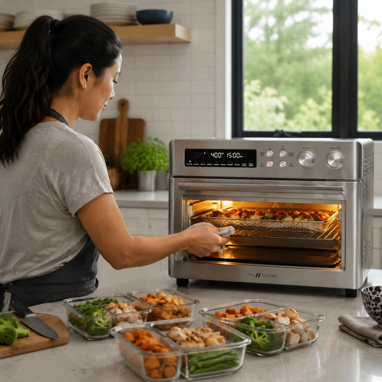 Val Cucina mid-cook next to thermal gun measuring door temperature