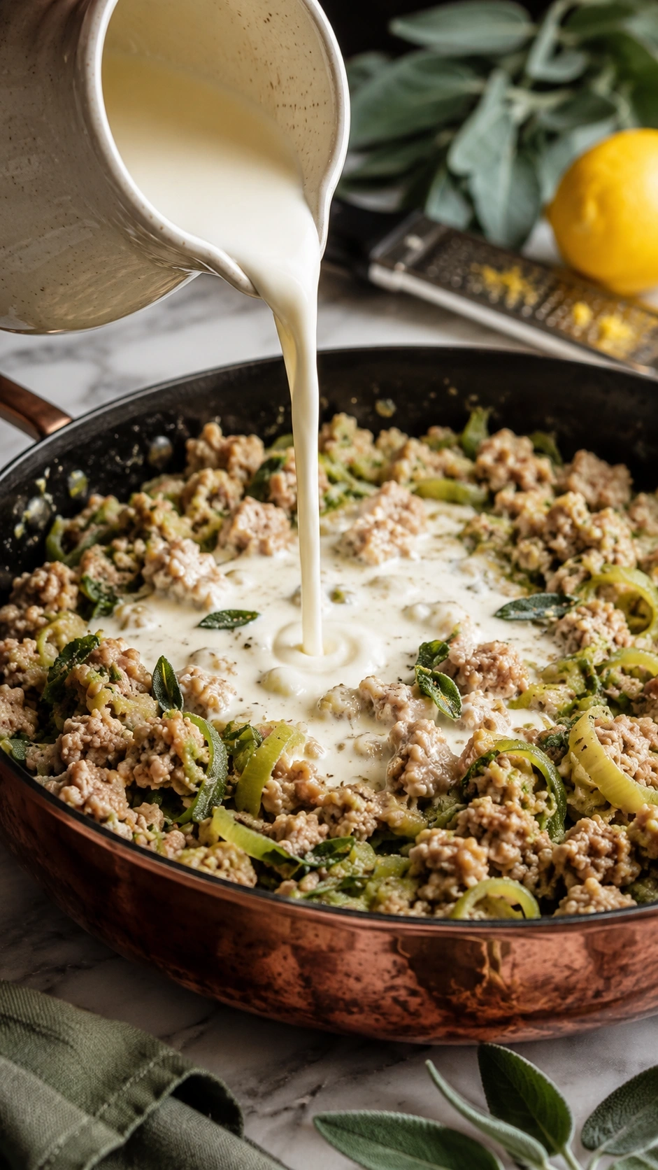 Velvety heavy cream poured into a skillet of turkey and leeks with fresh sage for a creamy pasta sauce recipe.