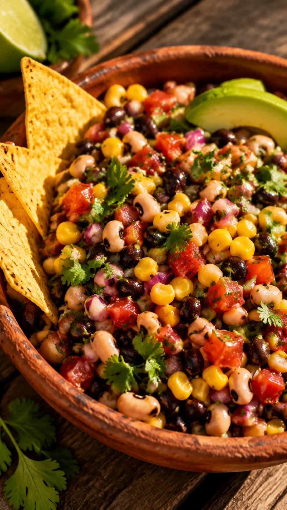 Vibrant Cowboy Caviar dip with black beans, corn, and tomatoes served in a terracotta bowl with corn chips.