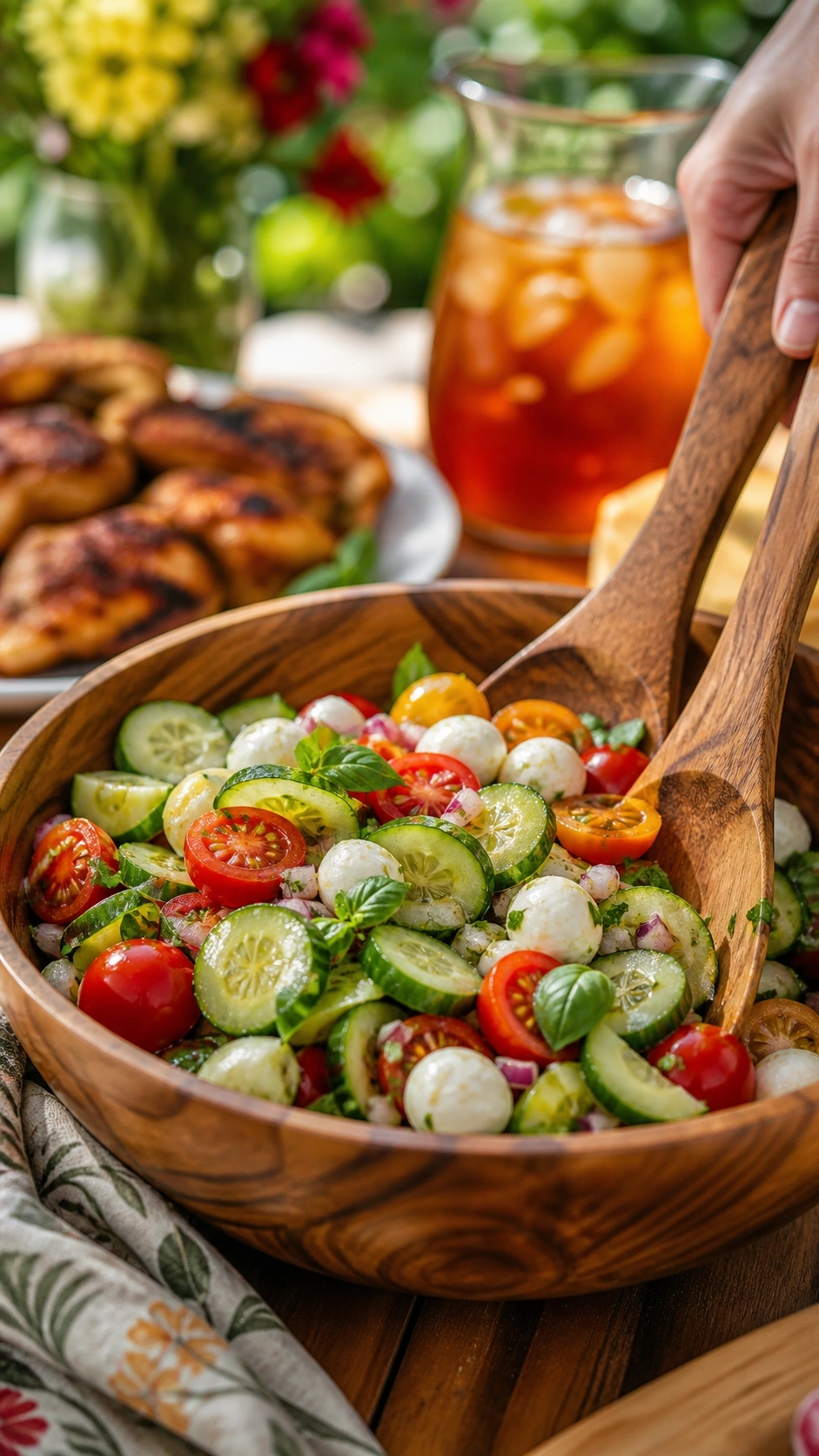 Vibrant Cucumber Caprese Salad is scooped with acacia wood servers from a wooden bowl on a festive summer barbecue table.