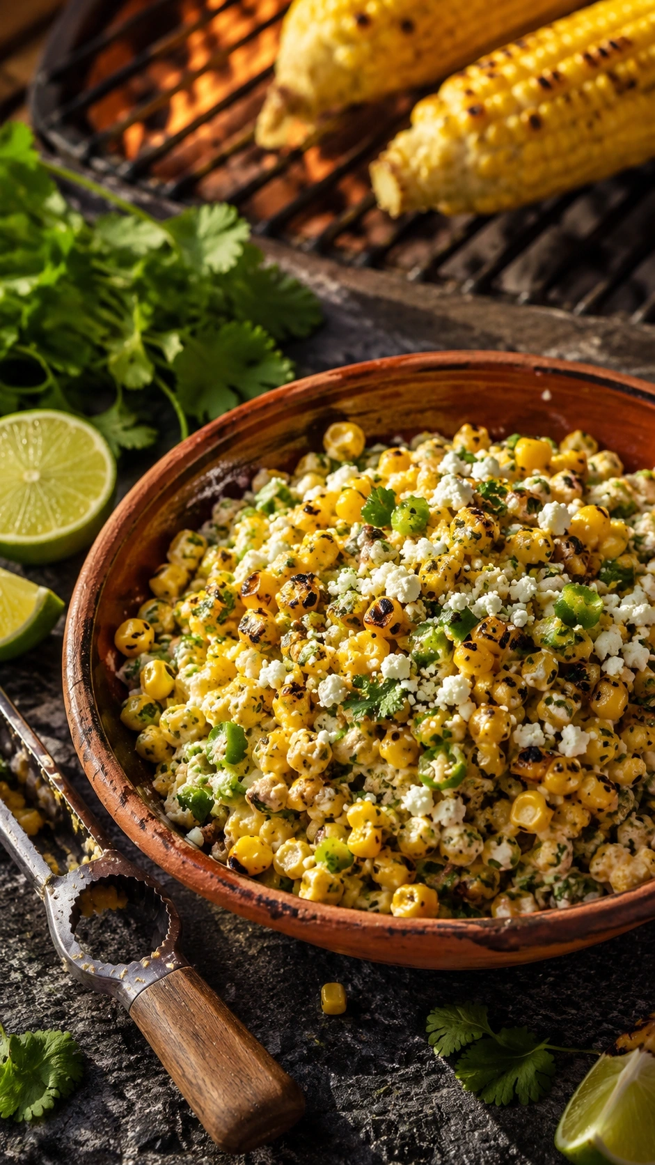 Vibrant Mexican street corn Esquites salad with cotija cheese and cilantro in an artisanal clay bowl on dark stone.