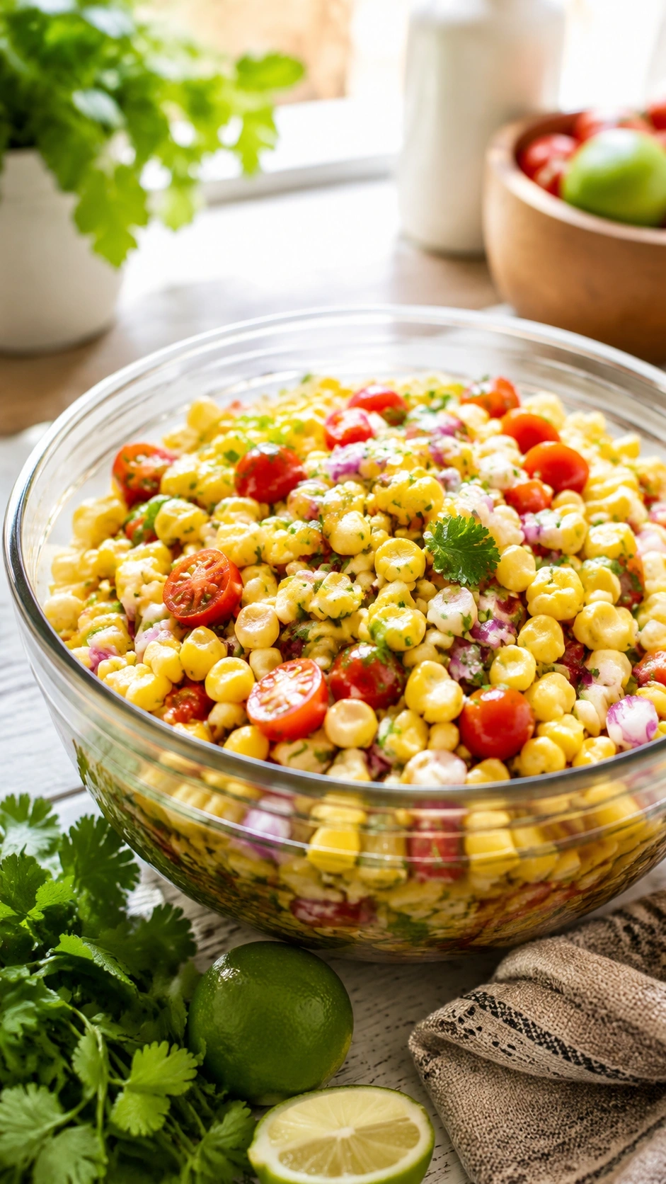Vibrant No-Cook Summer Corn Salad with sweet corn, red onion, and cherry tomatoes in a glass bowl on a light wooden table.