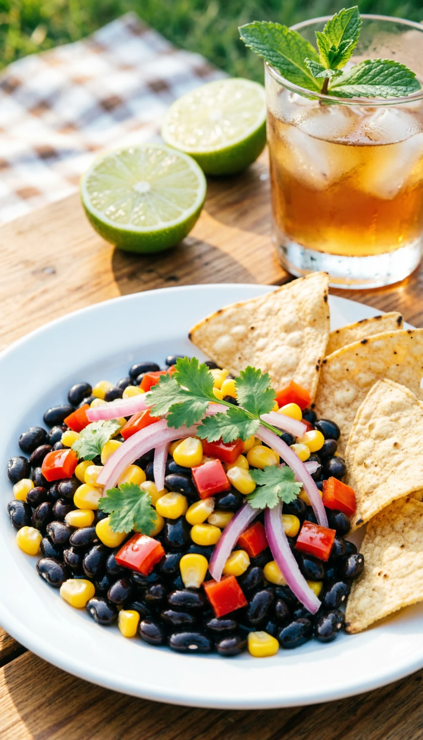 Vibrant Texas cowboy caviar dip with black beans, corn, and bell peppers served with crispy tortilla chips and lime.