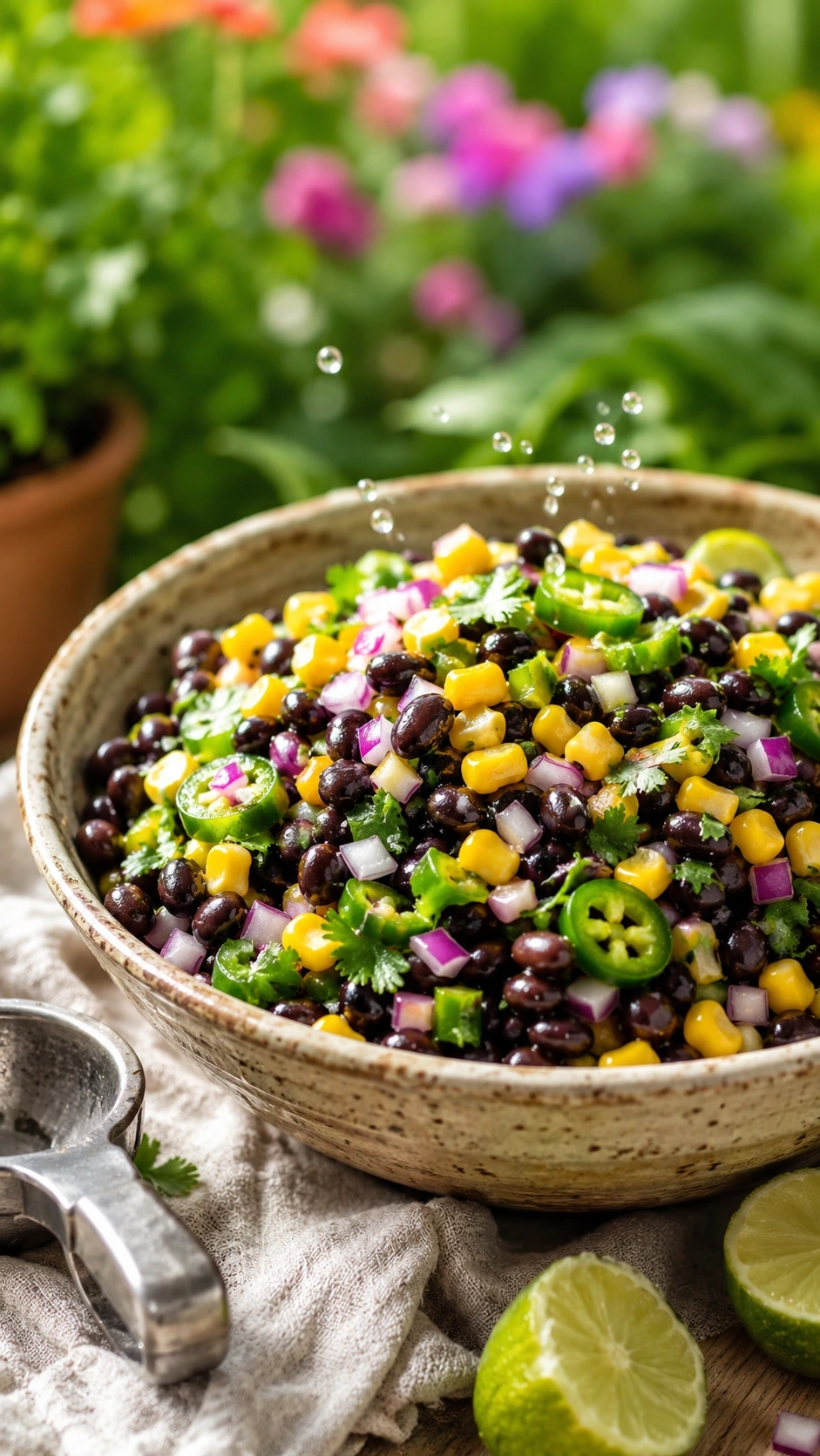 Vibrant black bean and corn salad with jalapeños and citrus dressing in a ceramic bowl on a linen tablecloth.
