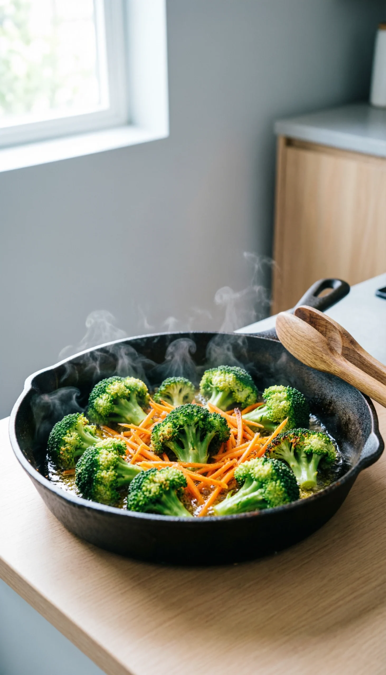 Vibrant broccoli florets and shredded carrots sizzling in a dark cast iron skillet with a light sesame oil glaze.