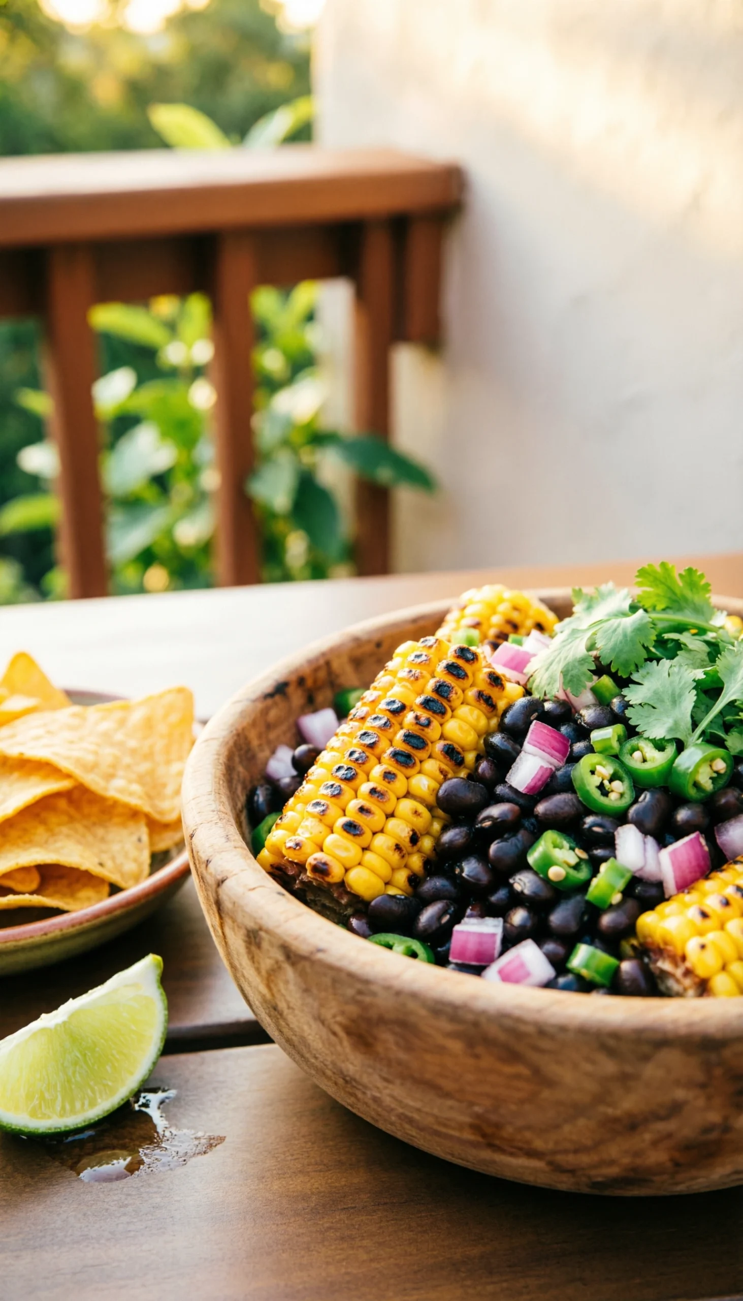 Vibrant charred corn and black bean salad with jalapenos and cilantro in a rustic wooden bowl for a summer BBQ.
