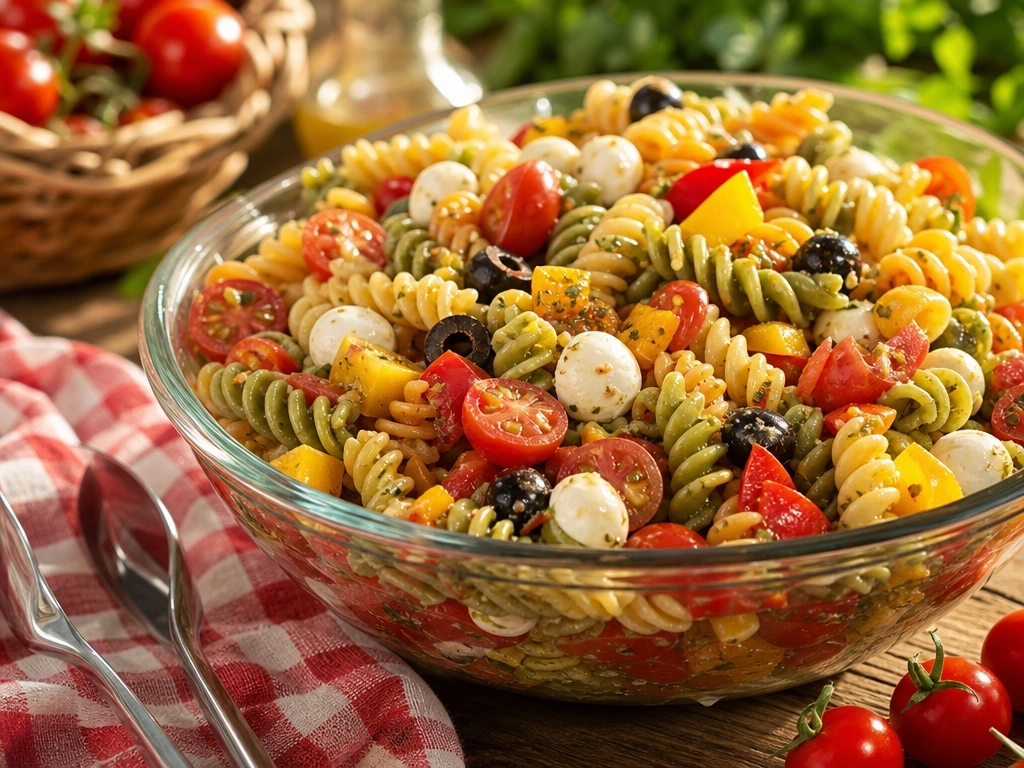 Vibrant cold pasta salad with tricolor rotini, mozzarella pearls, and veggies in a clear bowl at a picnic.