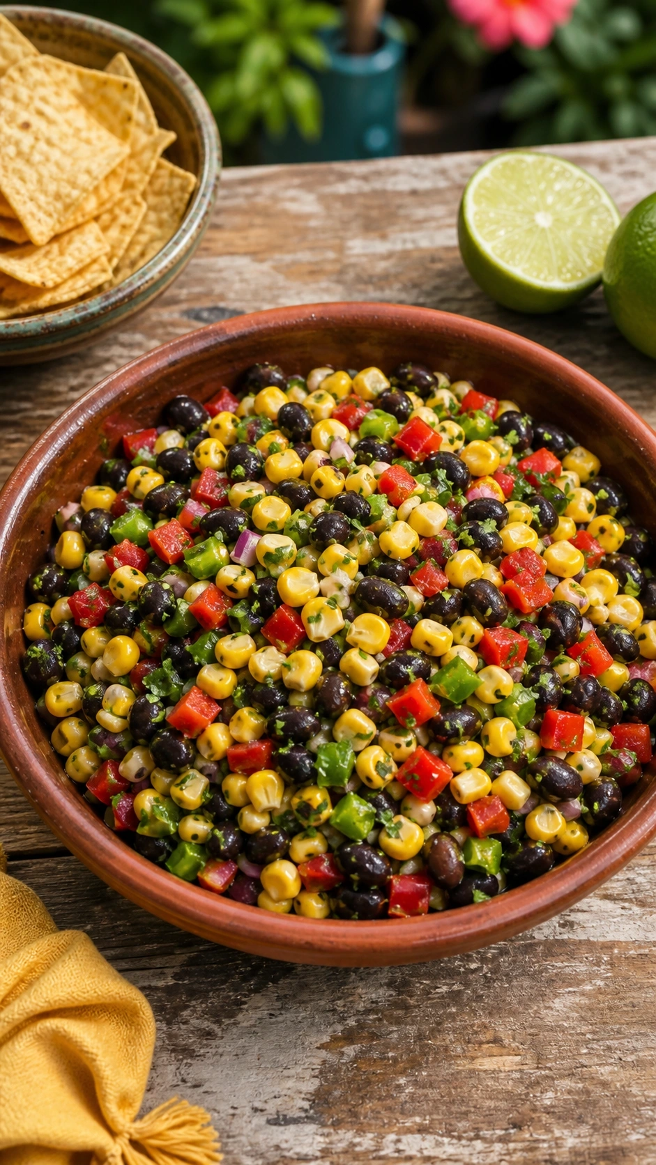 Vibrant corn and black bean salad with red bell peppers and lime vinaigrette in a rustic bowl on a wooden outdoor table.