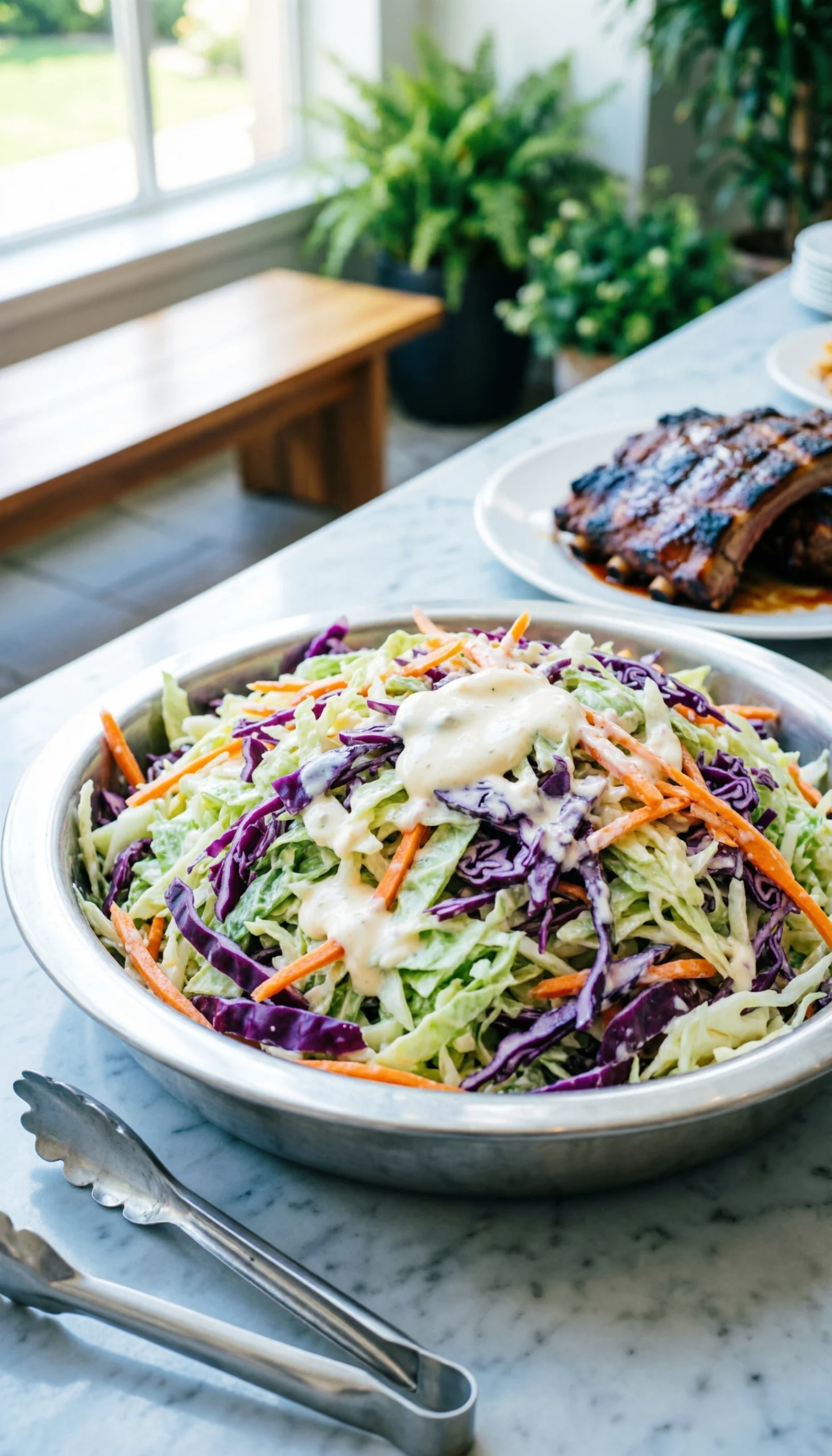 Vibrant creamy coleslaw with green/purple cabbage and orange carrots sits on a marble counter at an outdoor buffet with BBQ ribs.