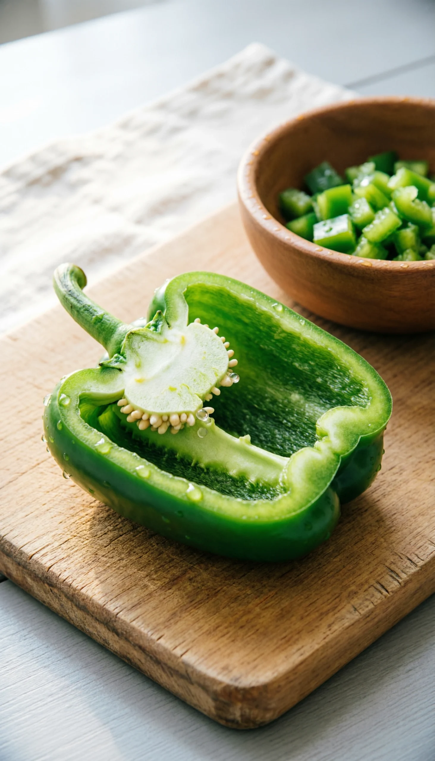 Vibrant diced green bell peppers on a rustic wooden table, top-down flat lay photography with a fresh, airy feel.