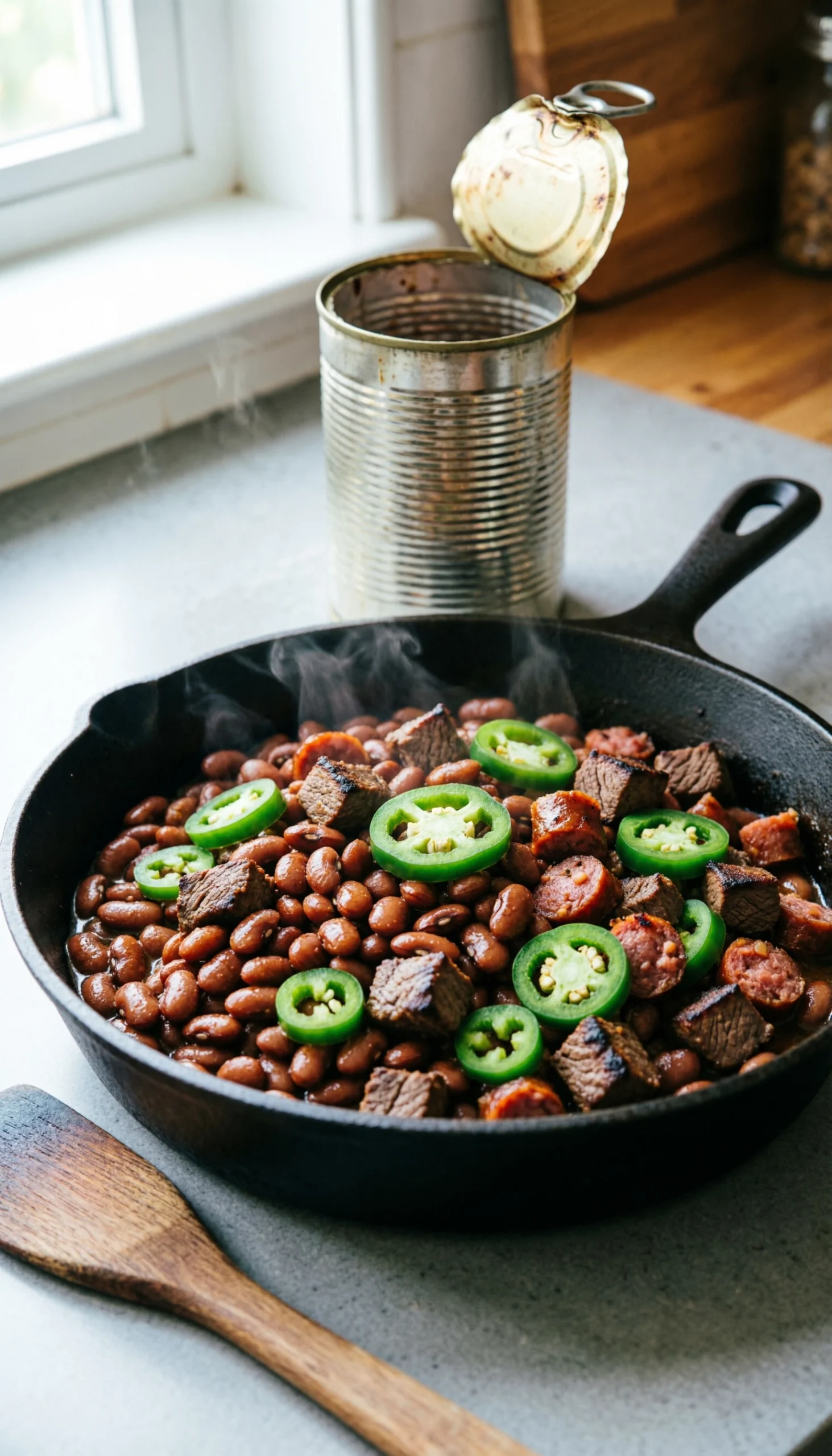 Vibrant diced jalapeños, onions, and garlic sautéing in a skillet on a marble counter with a cutting board and knife.
