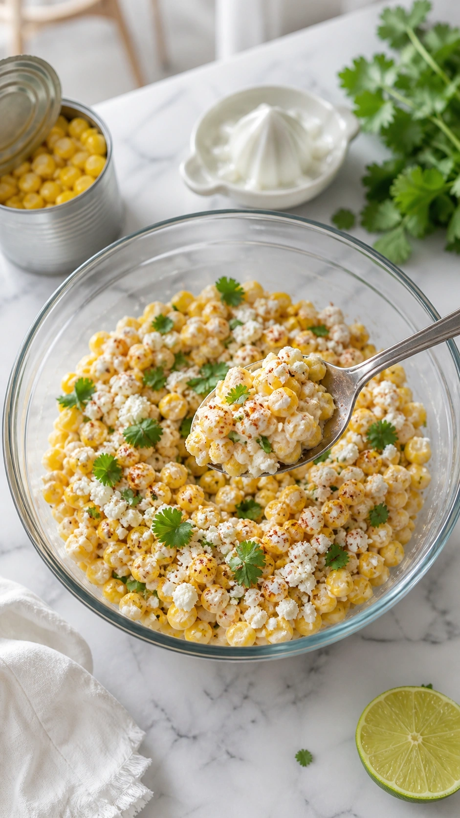 Vibrant esquites from canned corn, a creamy salad with cheese, cilantro, and spices, scooped onto a silver spoon in a glass bowl.