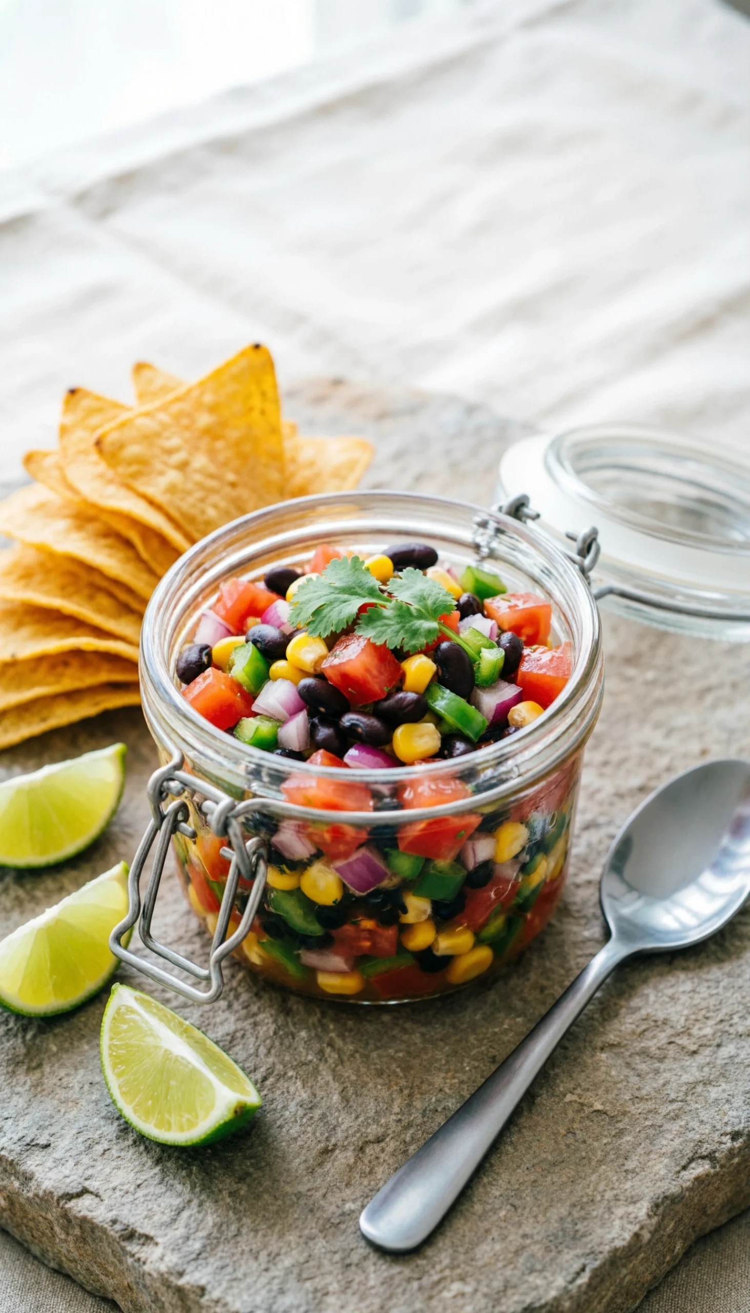 Vibrant finished cowboy caviar in a glass container, surrounded by crispy tortilla chips and fresh lime wedges on stone.