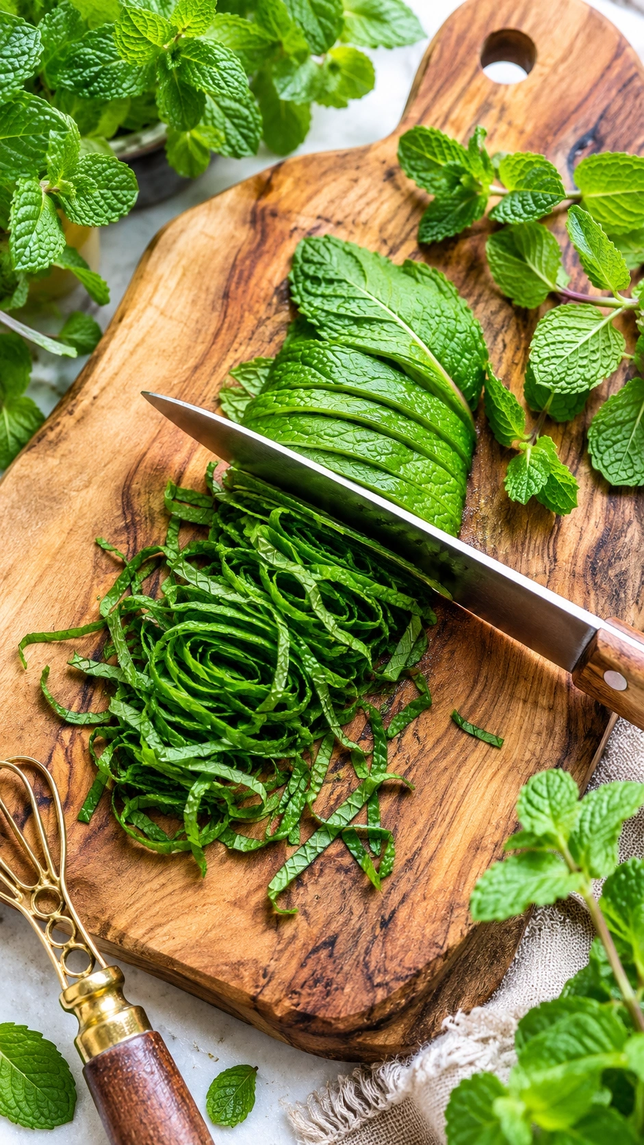 Vibrant fresh mint leaves are neatly sliced into delicate ribbons with a sharp blade in a bright outdoor garden setting.