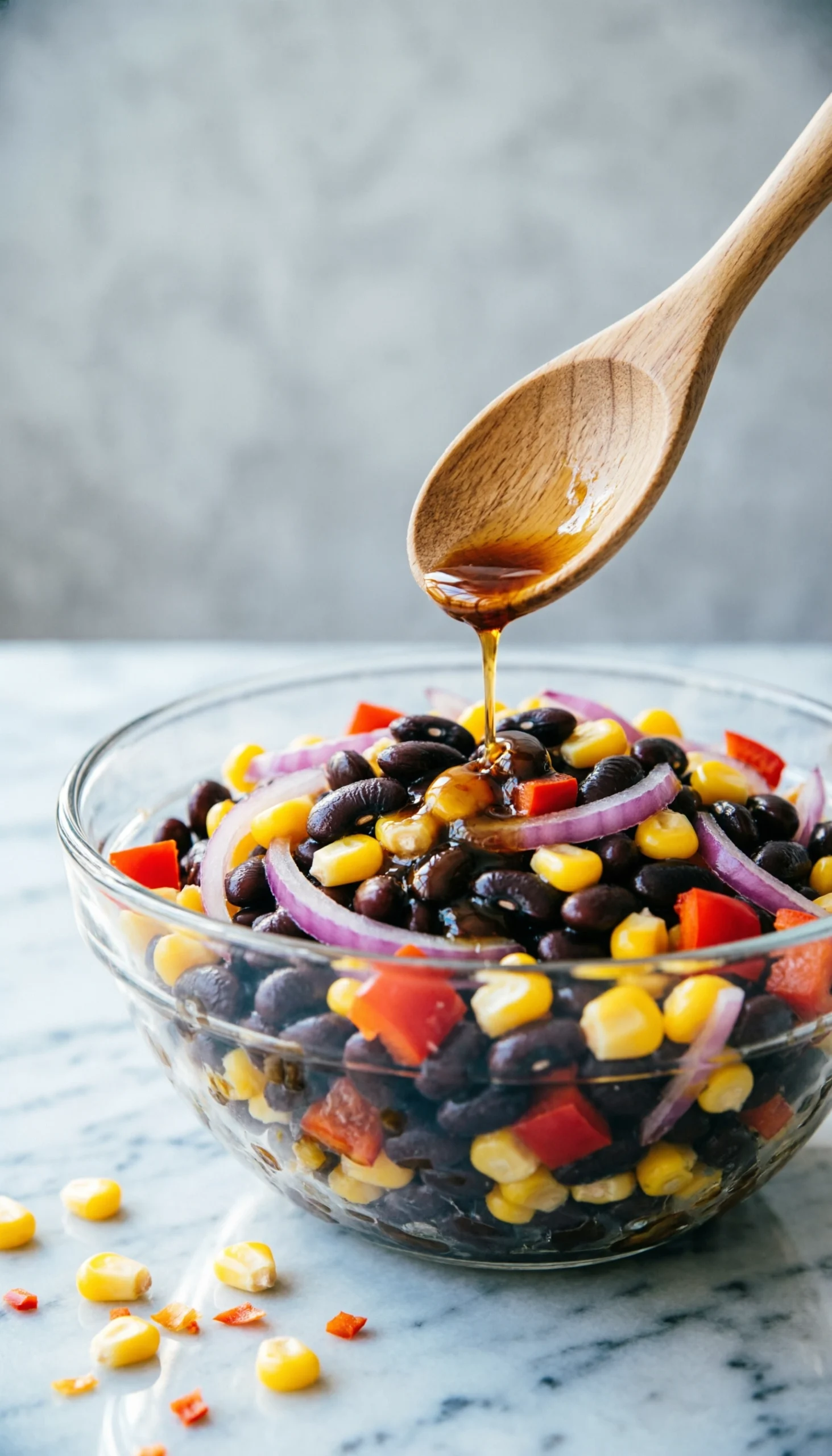 Vibrant golden vinaigrette is poured over a colorful black bean, corn, red pepper, and onion mix in a large glass bowl.