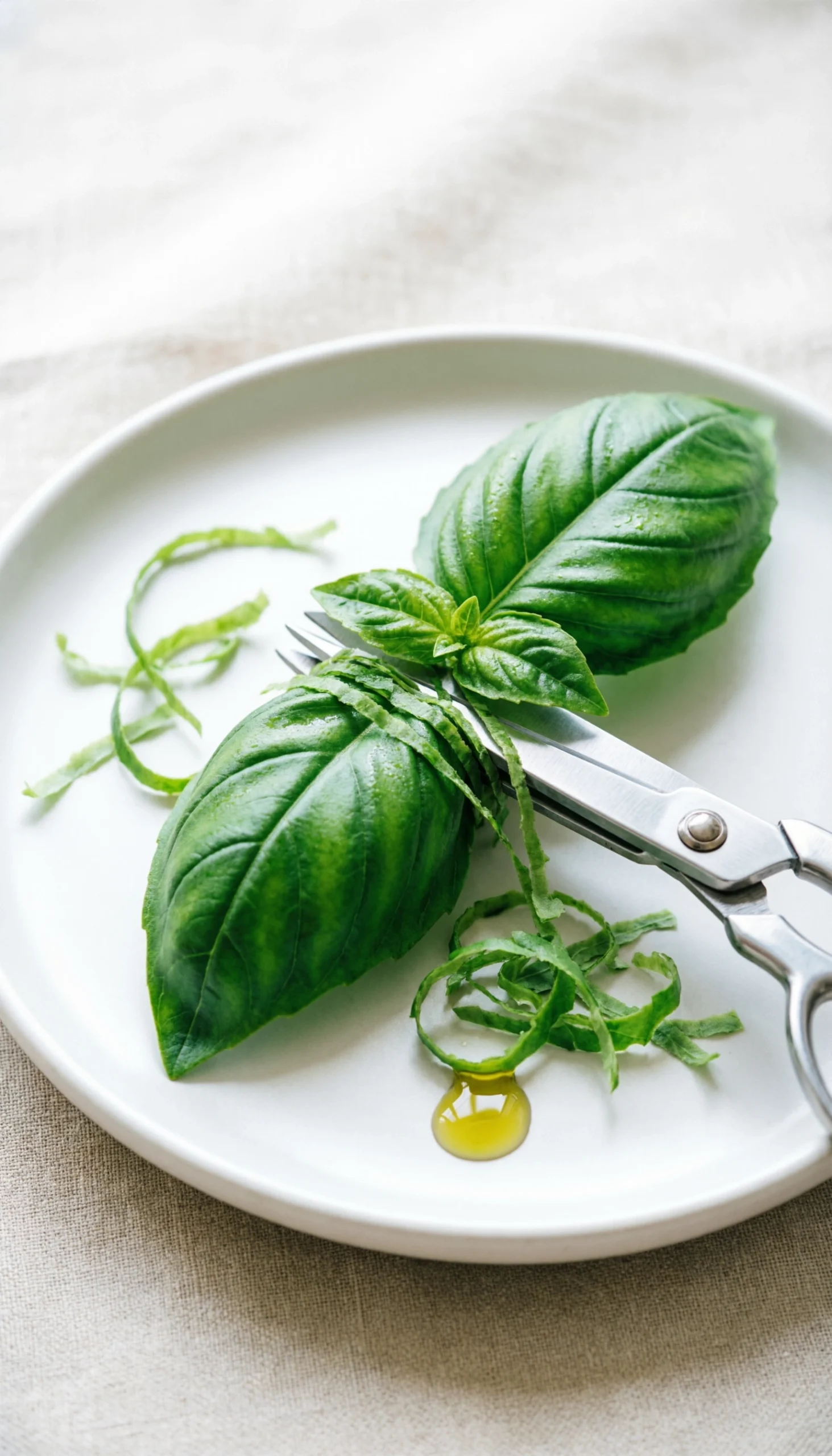 Vibrant green fresh basil leaves are expertly cut into delicate ribbons with herb scissors on a white ceramic plate.