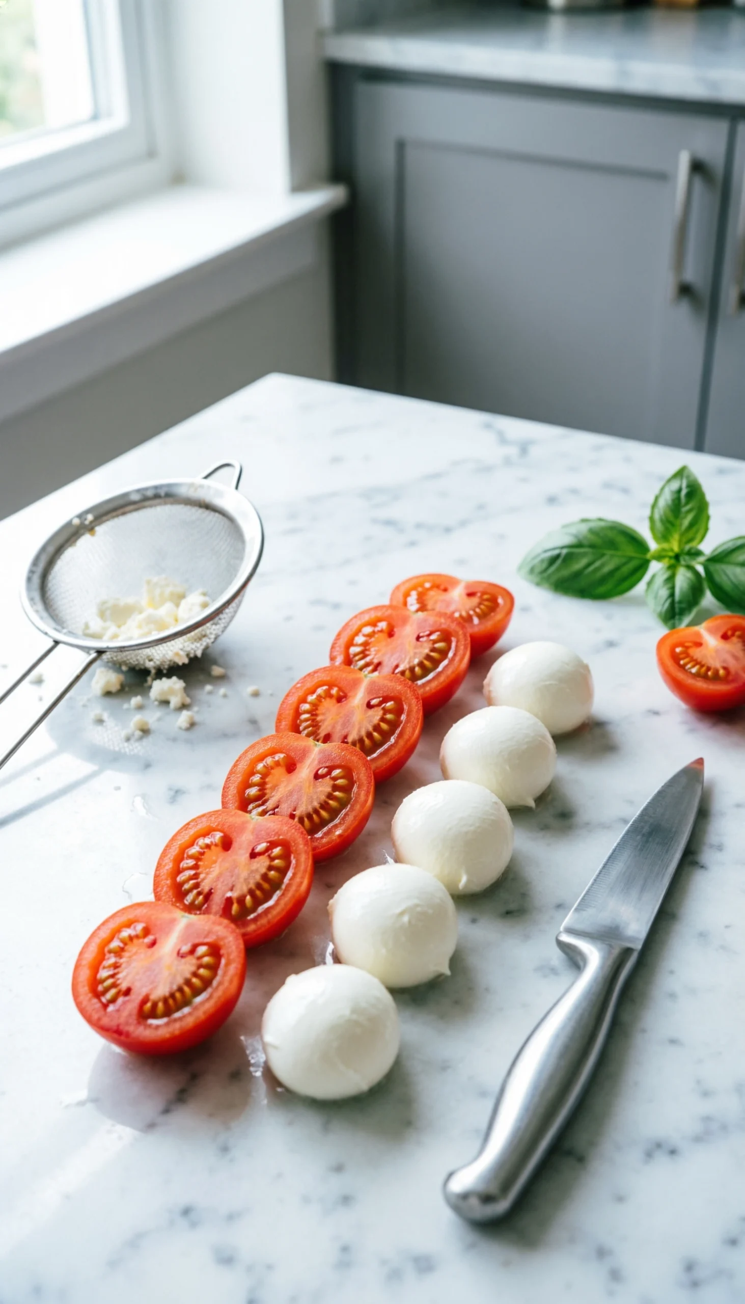 Vibrant halved cherry tomatoes and fresh mozzarella pearls arranged on a white marble countertop for salad preparation.
