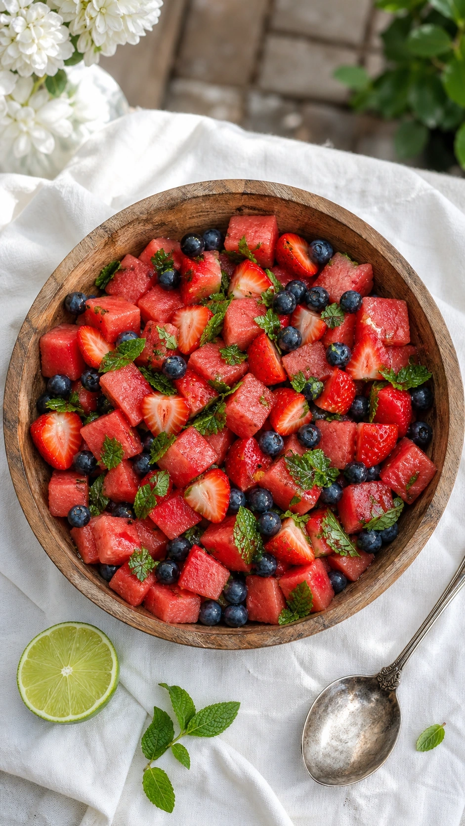 Vibrant honey lime mint berry watermelon fruit salad served in a rustic wooden bowl on a white linen tablecloth.