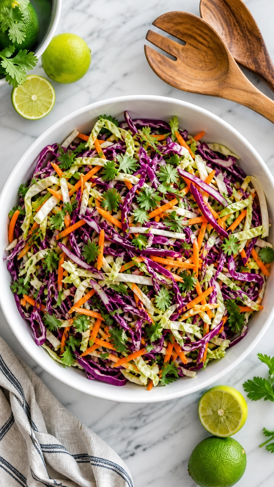 Vibrant no-mayo cabbage slaw with purple cabbage and julienned carrots in a white bowl on a marble kitchen countertop.