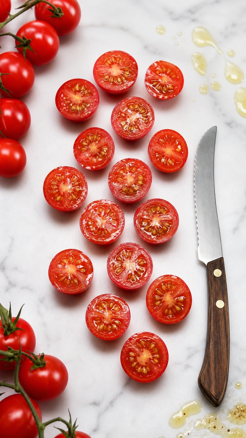 Vibrant red cherry tomatoes, perfectly halved, on a white marble surface next to a serrated tomato knife, with olive oil.