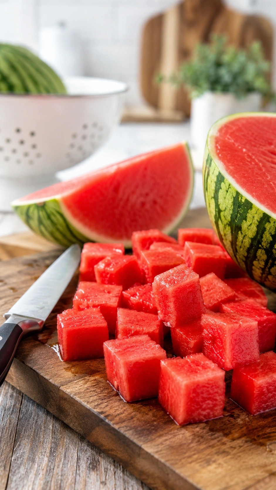 Vibrant red seedless watermelon cubes and halves are expertly sliced on a premium wooden cutting board in a bright kitchen.
