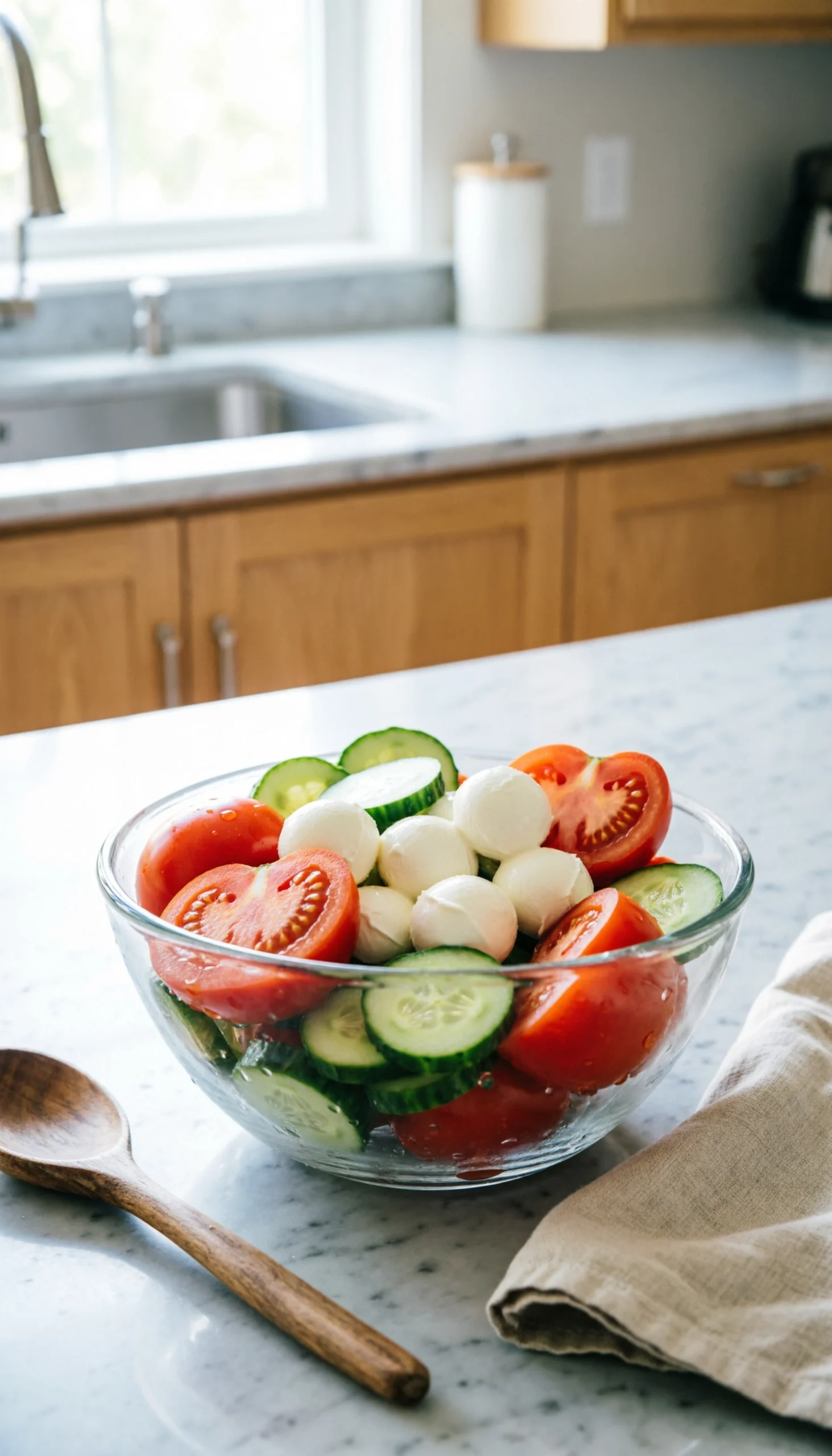 Vibrant red tomatoes, green cucumbers, and white mozzarella pearls cascade into a large glass mixing bowl on a marble island.