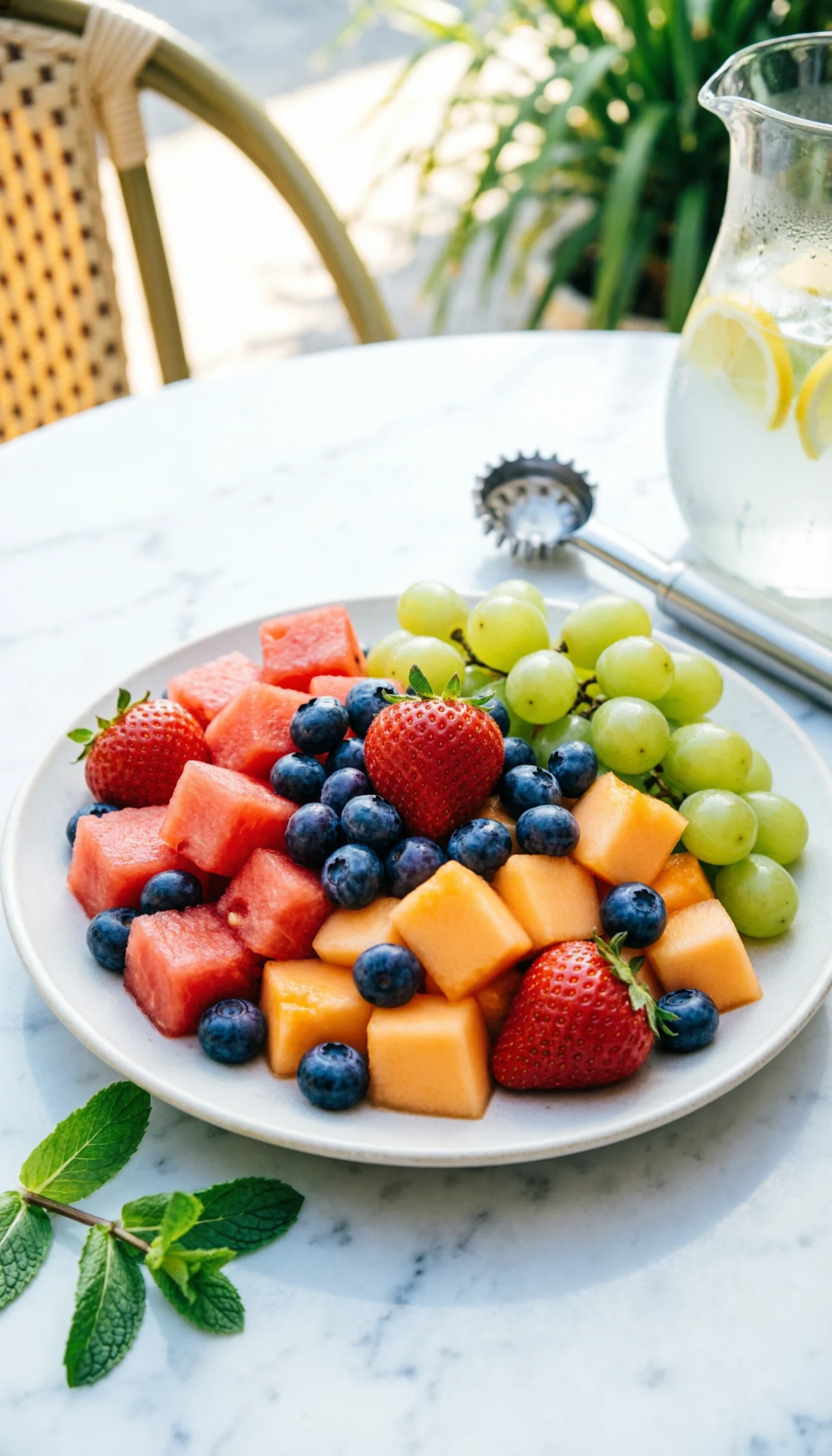 Vibrant summer fruit salad with watermelon, cantaloupe, strawberries, blueberries, and grapes on a white marble counter outdoors.