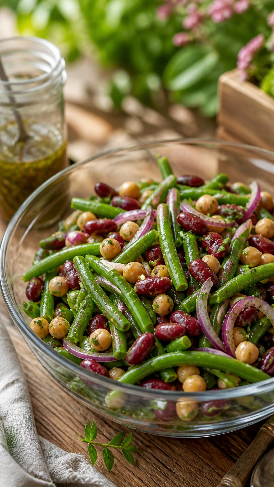 Vibrant three bean salad with green, kidney, and garbanzo beans in a herb vinaigrette on a rustic wooden picnic table.