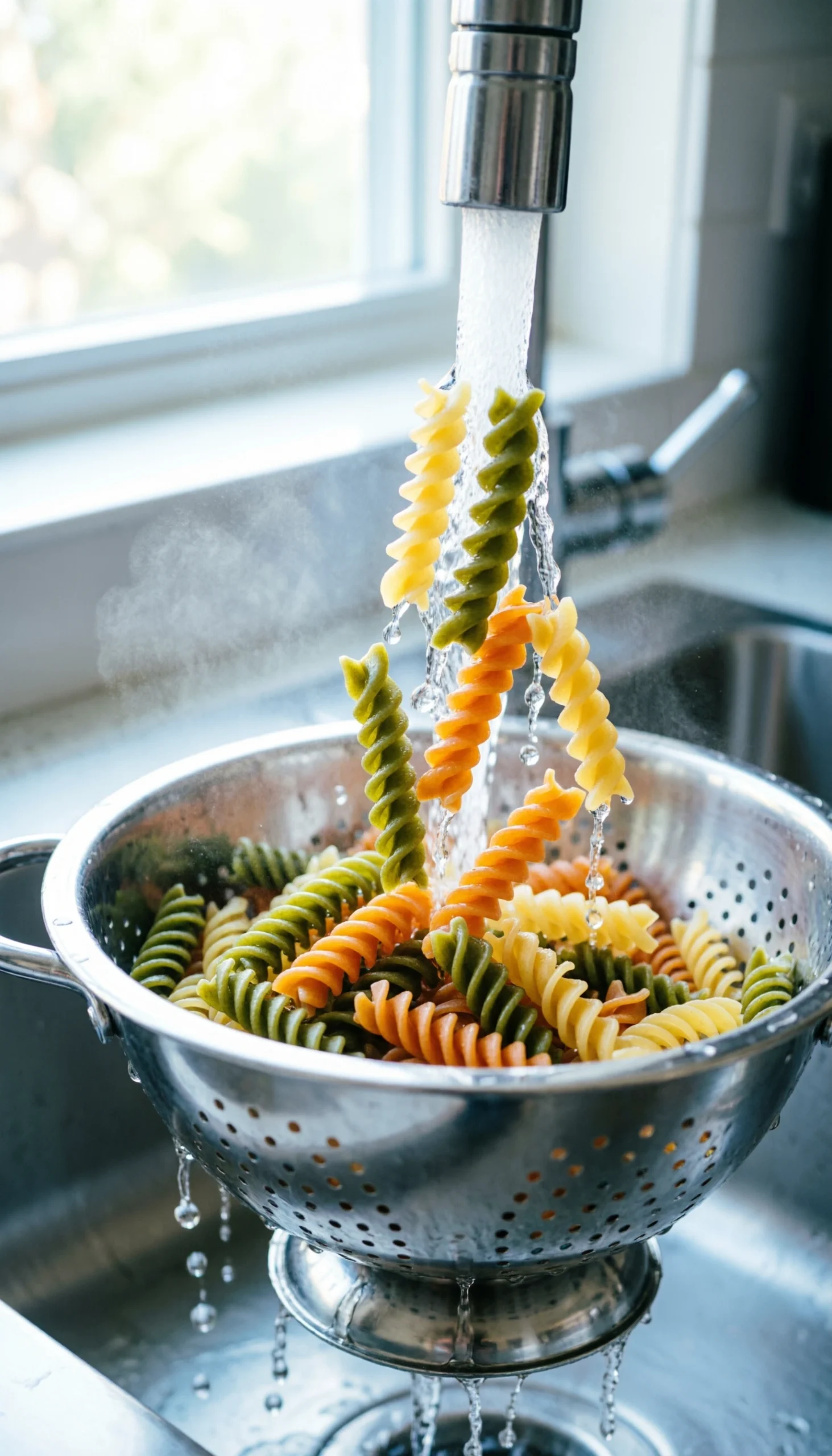 Vibrant tri-color rotini pasta cascading into a stainless steel colander under a stream of water in a bright kitchen.