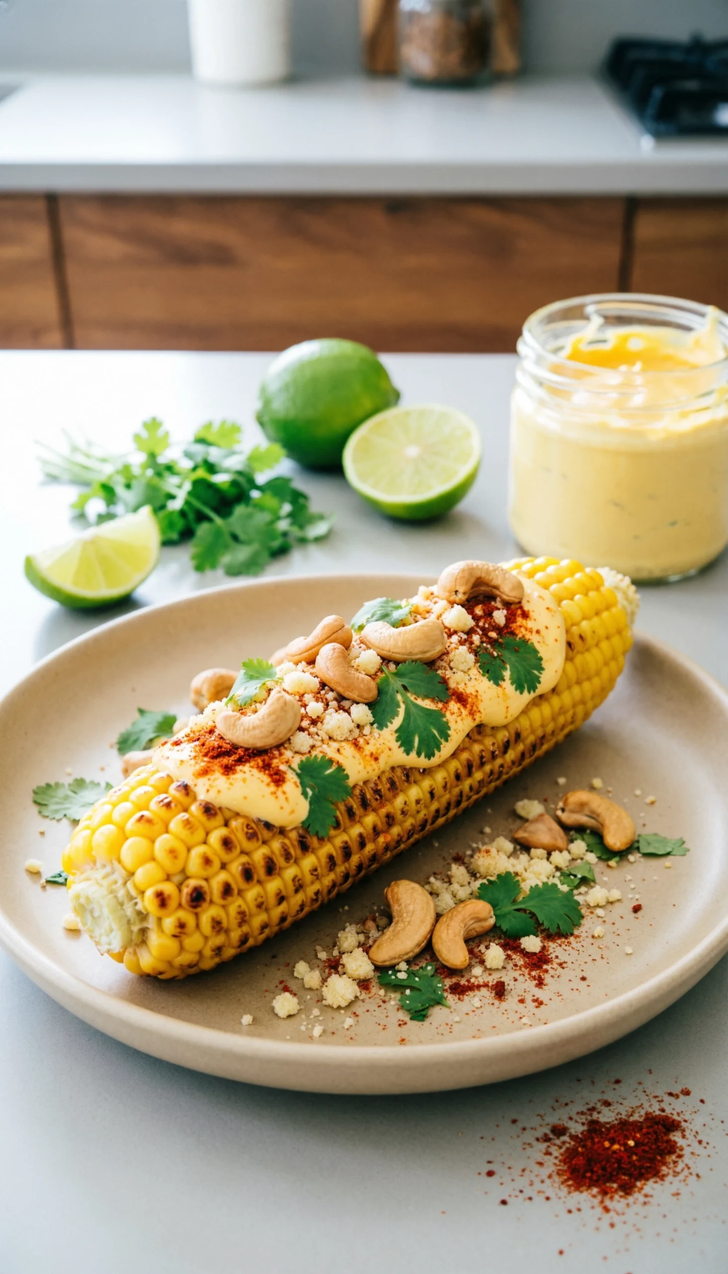 Vibrant vegan Mexican street corn on the cob, charred with plant-based mayo, cashew parmesan, paprika, and cilantro.
