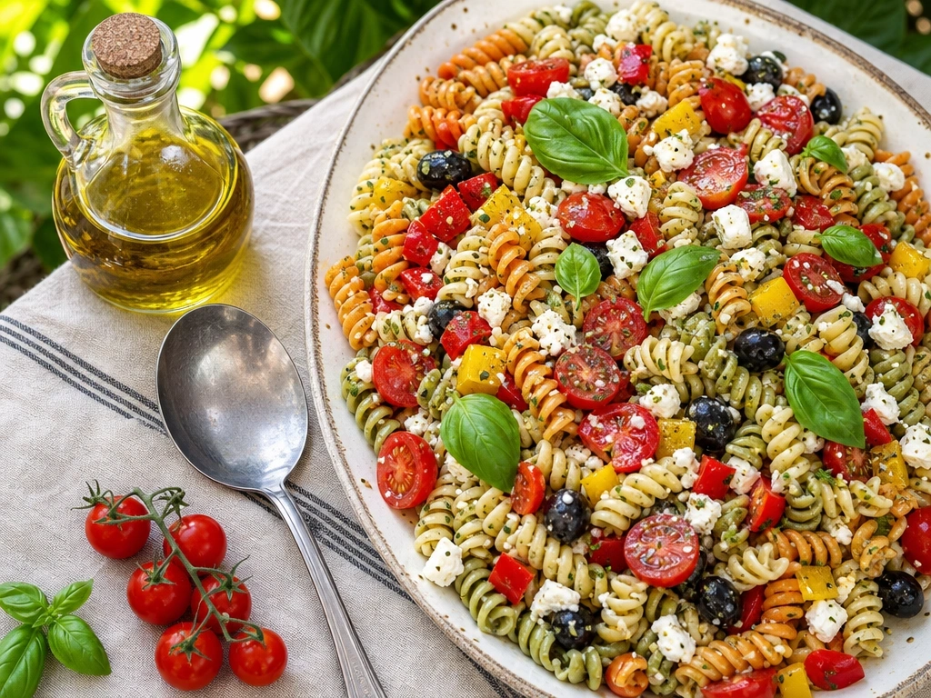 Vibrant vegetarian pasta salad with tri-color rotini, tomatoes, olives, peppers, feta, and Italian vinaigrette on a vintage plate outdoors.