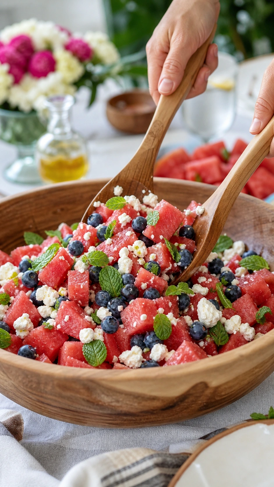 Vibrant watermelon, blueberries, and white feta cheese are gently tossed in a wooden serving bowl on a summer BBQ table.