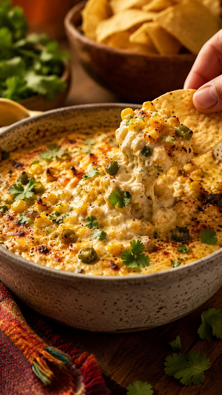 Warm Mexican street corn dip, bubbling in a ceramic bowl with roasted corn, jalapeños, melted cheese, and a tortilla chip.