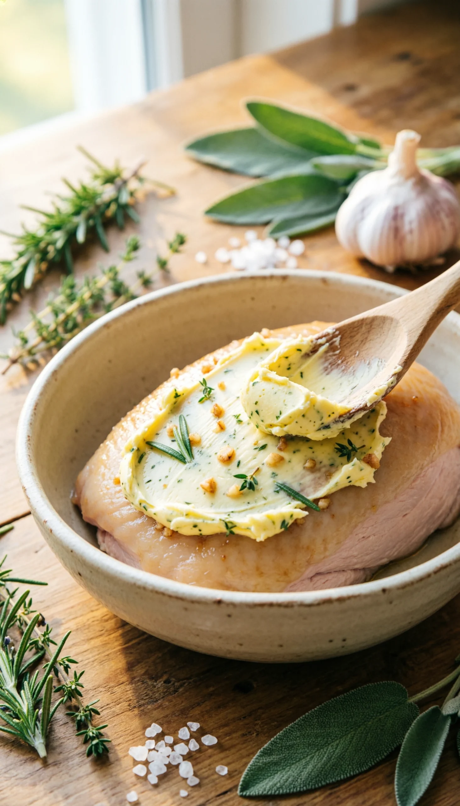 Whipped herb compound butter with rosemary and garlic in a rustic ceramic bowl on a wooden table for seasoning turkey.