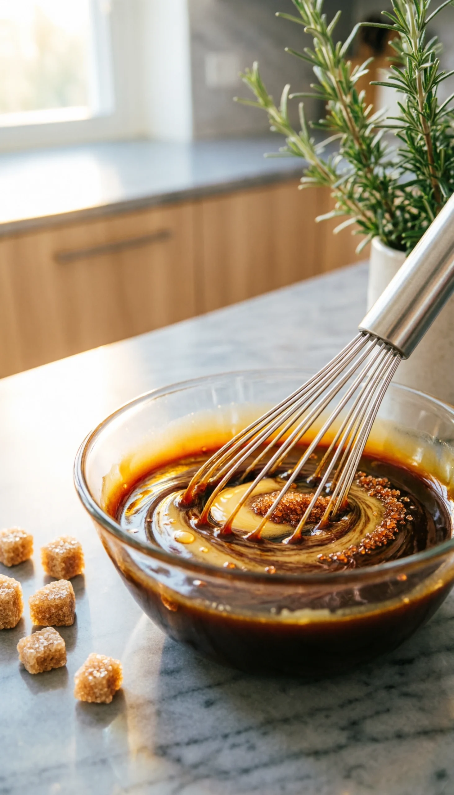 Whisking a rich brown sugar and soy sauce glaze in a glass bowl on a white marble kitchen countertop.