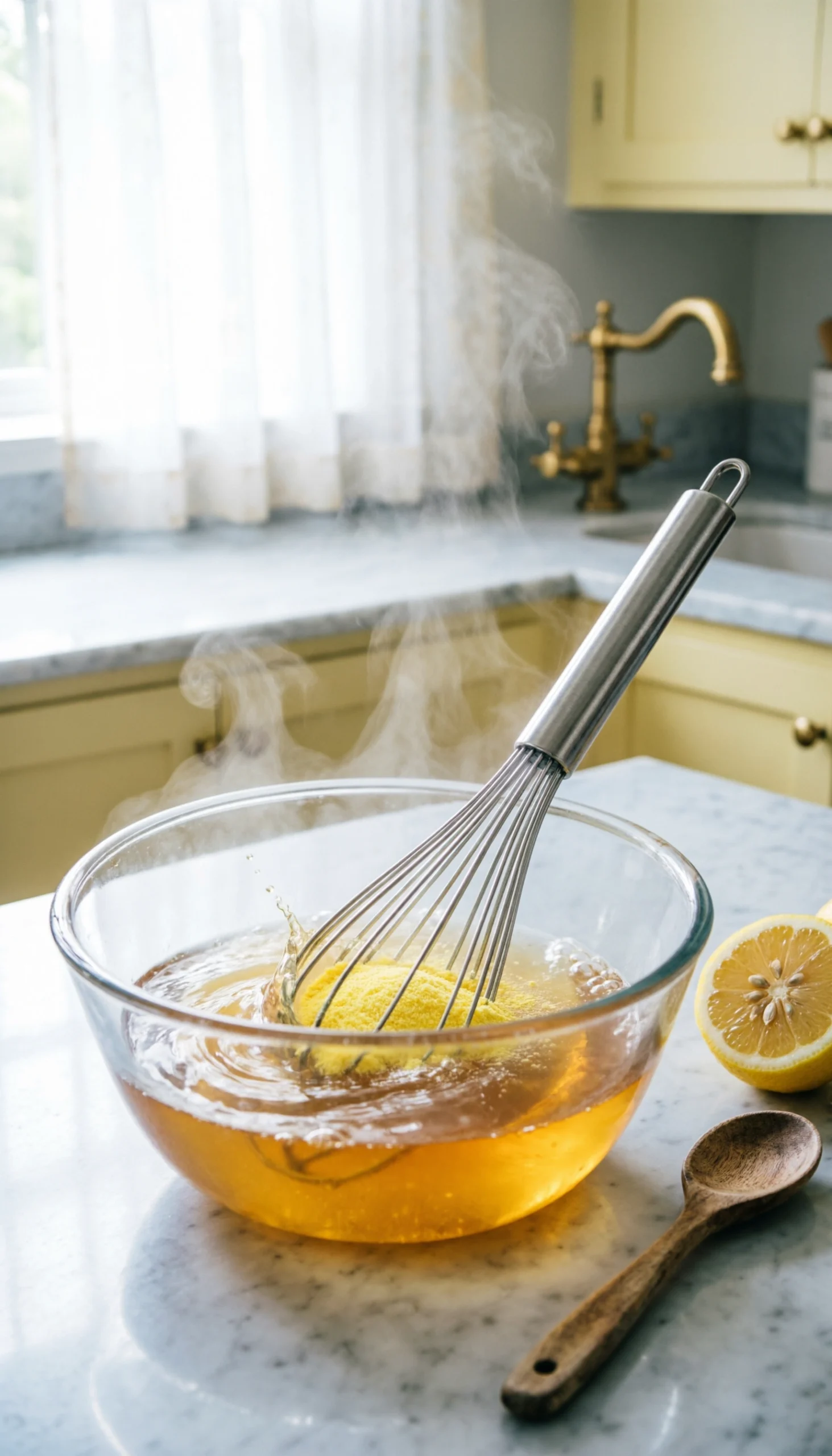 Whisking bright yellow lemon gelatin powder into steaming hot water in a clear glass bowl on a marble countertop.