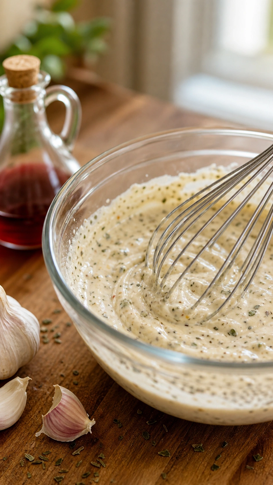 Whisking creamy Italian grinder dressing with fresh herbs and vinegar in a glass bowl on a rustic wooden table.