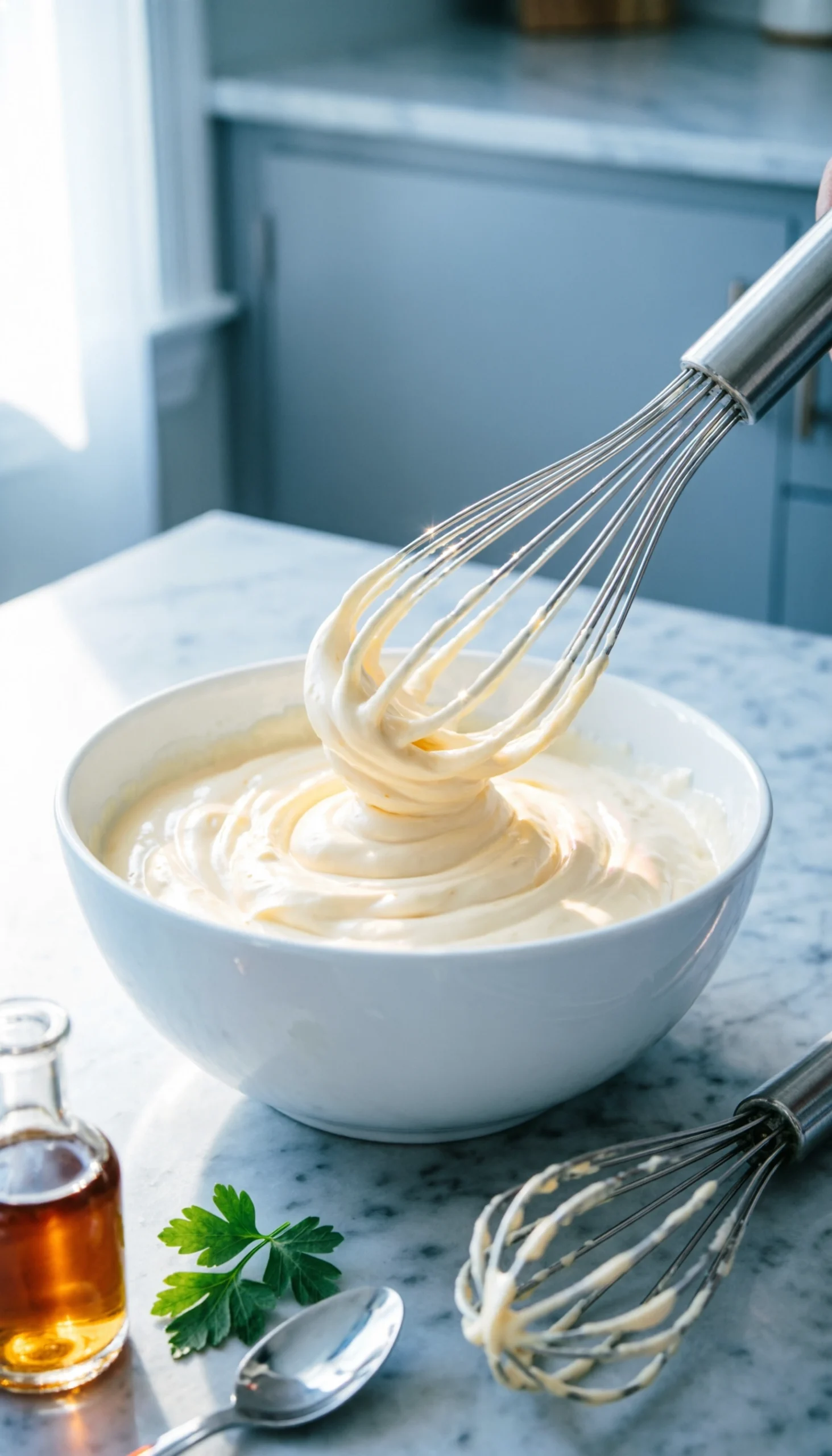 Whisking creamy homemade mayonnaise dressing in a bowl on a marble countertop with professional utensils.