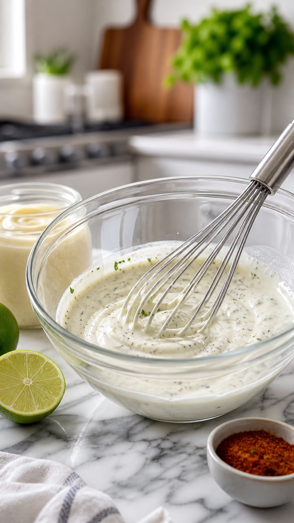 Whisking creamy homemade ranch dressing with fresh herbs and black pepper in a clear glass mixing bowl on marble.