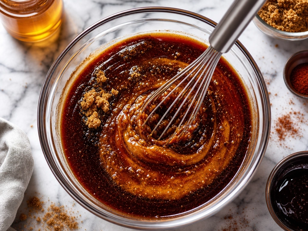 Whisking dark molasses and brown sugar into a glossy homemade BBQ sauce in a glass bowl on a modern marble countertop.