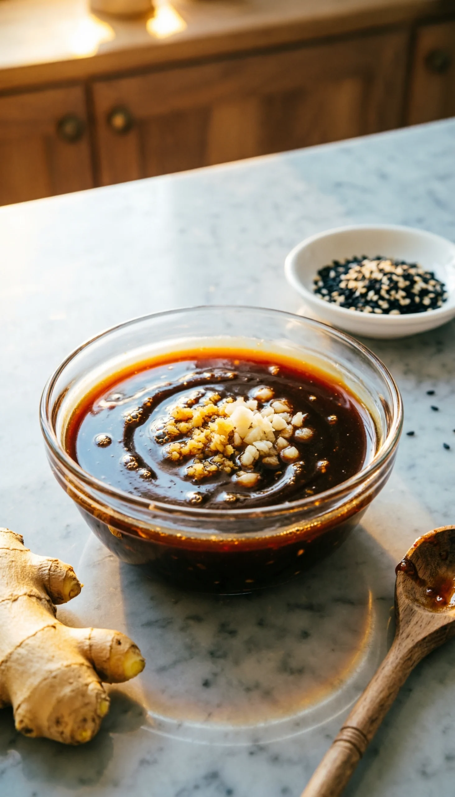 Whisking glossy homemade teriyaki sauce with ginger and garlic in a glass bowl on a marble kitchen countertop.