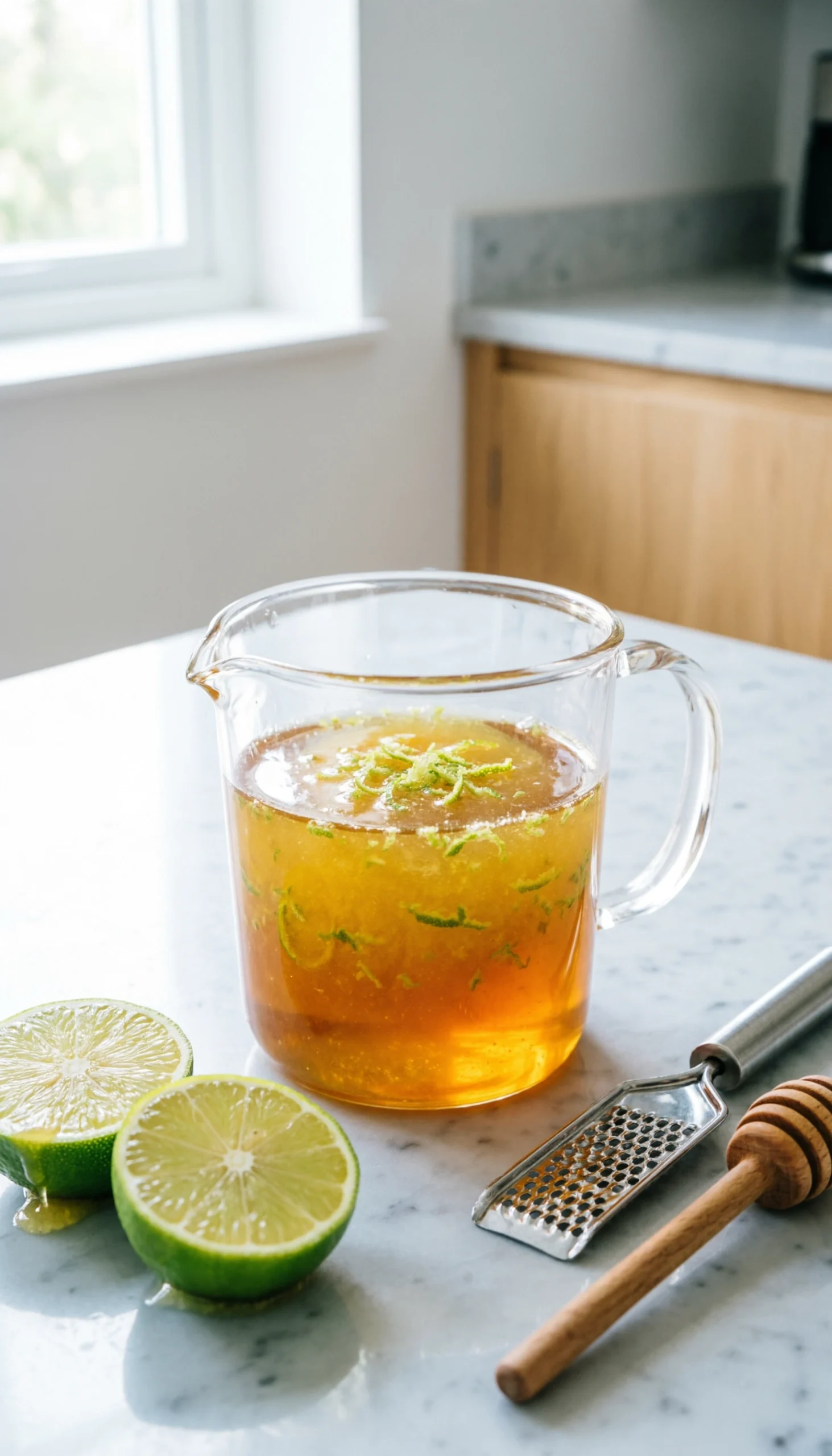 Whisking golden honey and fresh lime juice in a glass cup with lime zest and fresh limes on a marble countertop.
