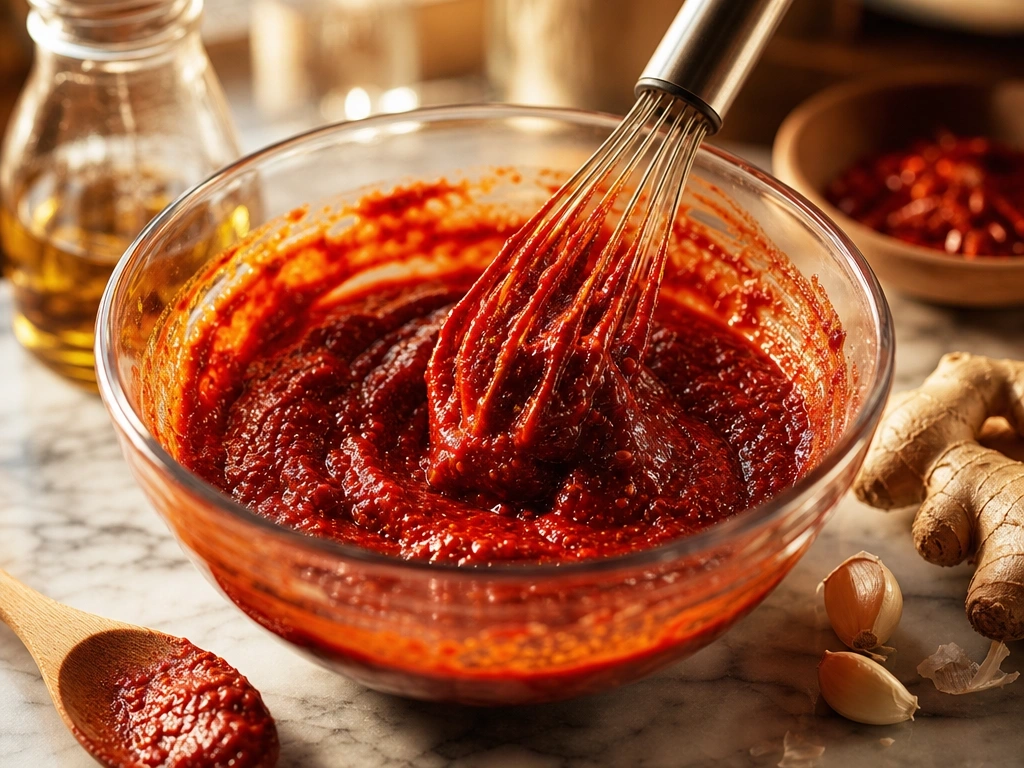 Whisking vibrant red Gochujang marinade in a glass bowl on a marble countertop with fresh ginger and garlic.