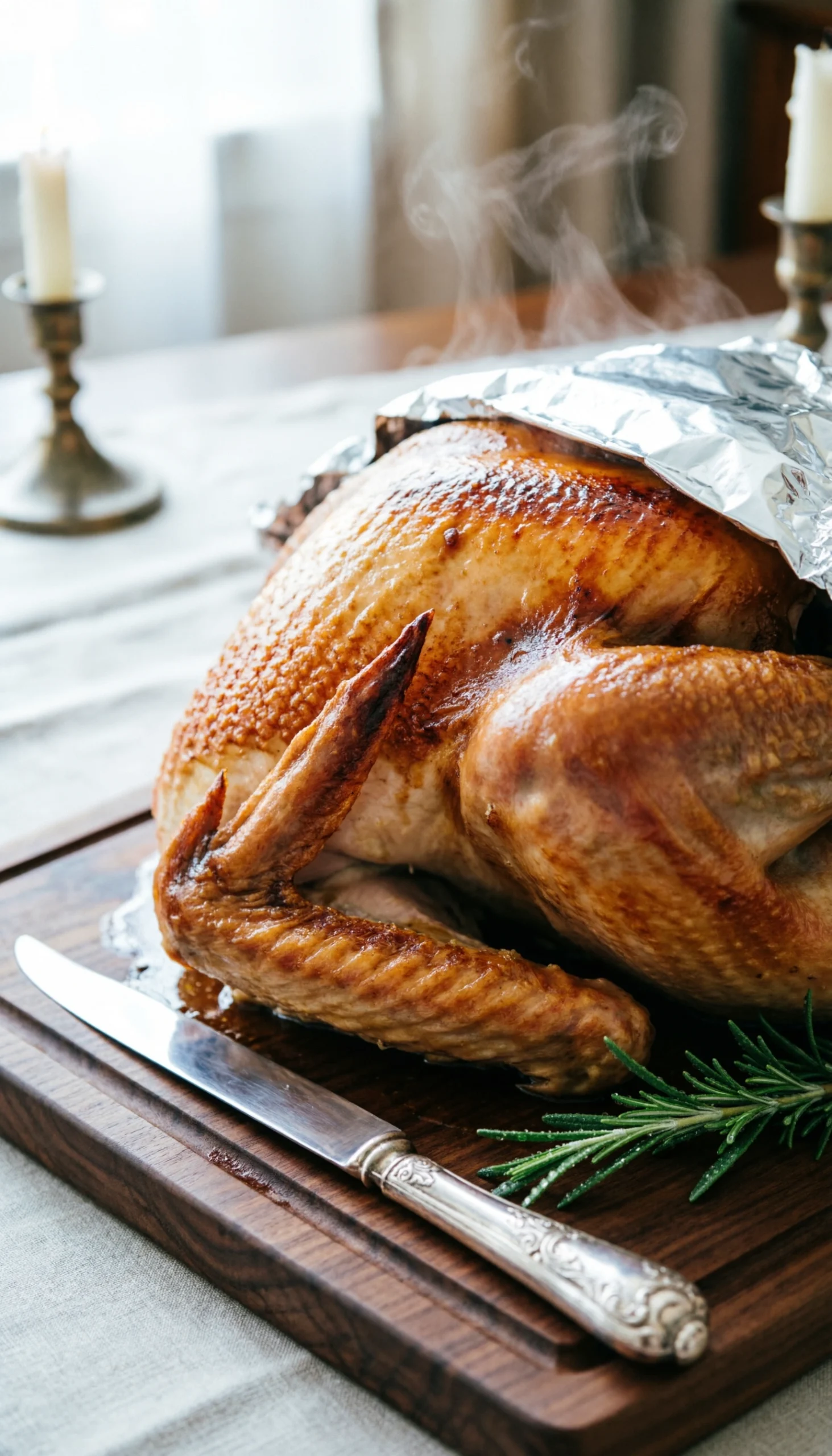 Whole roasted Thanksgiving turkey resting on a walnut carving board with fresh rosemary garnish and a sharp knife.