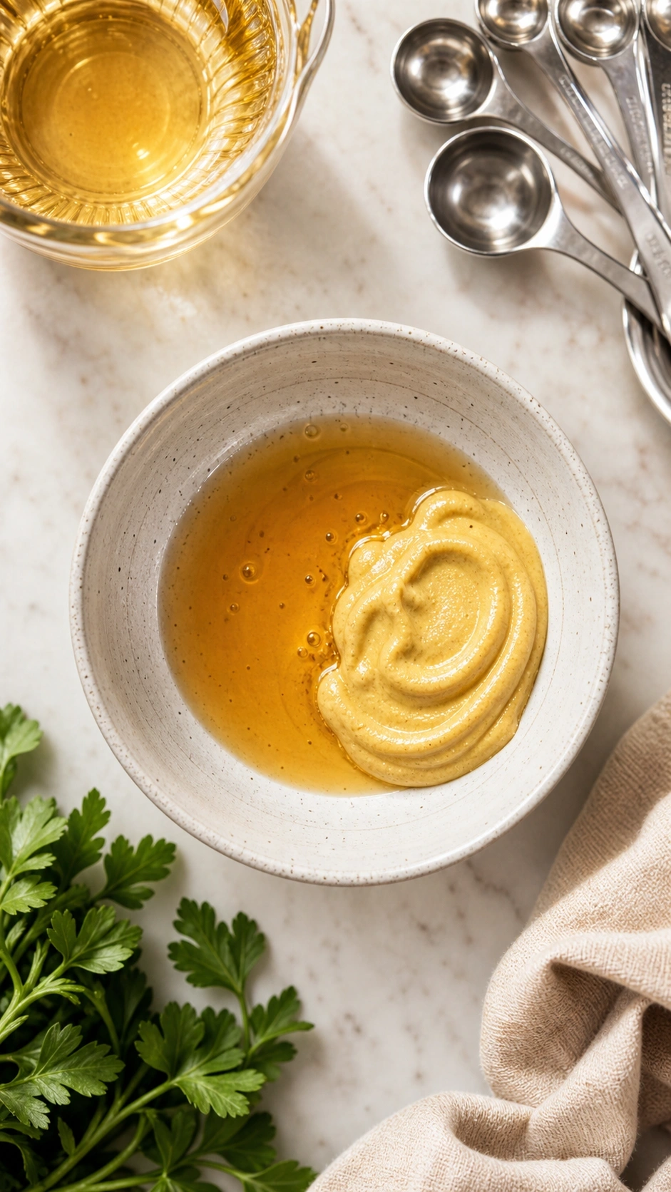 Yellow mustard and apple cider vinegar in a ceramic bowl, top-down flat lay with stainless steel measuring spoons.