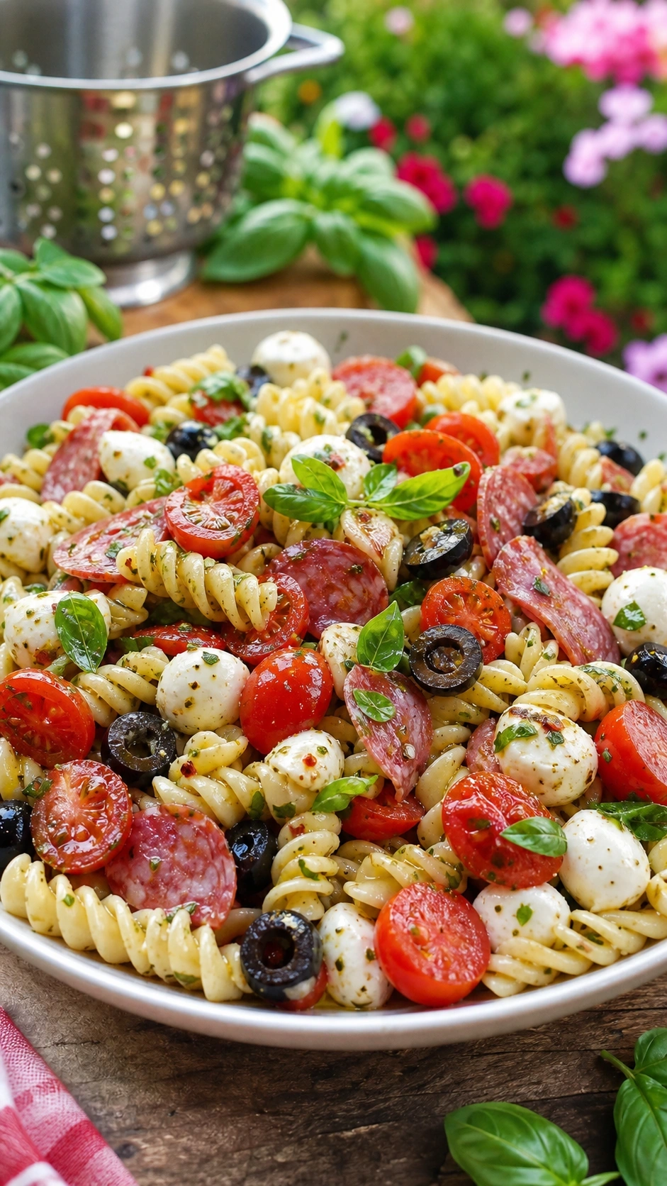 Zesty Italian pasta salad with rotini, mozzarella pearls, and salami on a natural wood picnic table in a garden.
