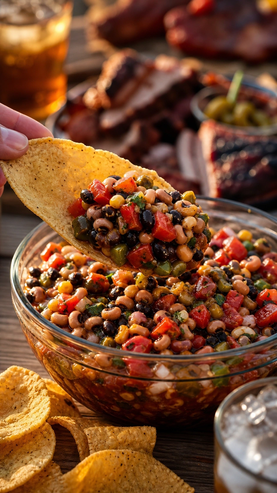 Zesty Texas Caviar bean dip with corn and tomatoes served with salty tortilla chips on a rustic wooden picnic table.